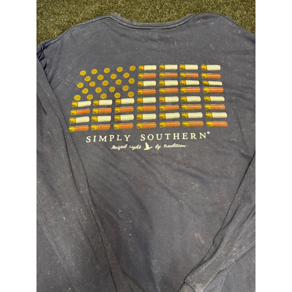Simply Southern Mens Navy Blue Shotgun Shell American Flag Long Sleeve Shirt M